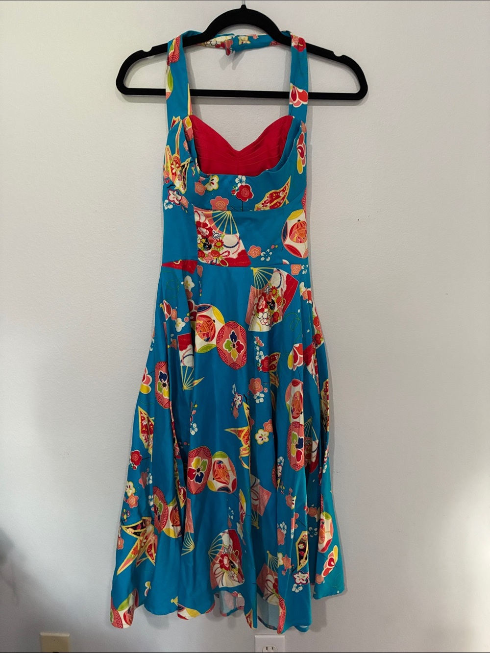 Trashy Diva Teal Floral Fit-and-Flare Geisha Fan Asian Dress with Red Bust - Picture 2 of 12